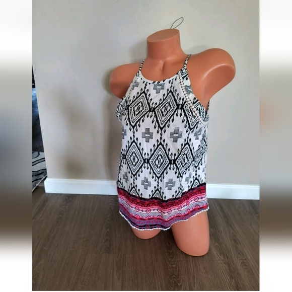 Mudd Women's Tank Top Tribal Print Scalloped Fringe Sleeveless Top Size Medium - Picture 2 of 7